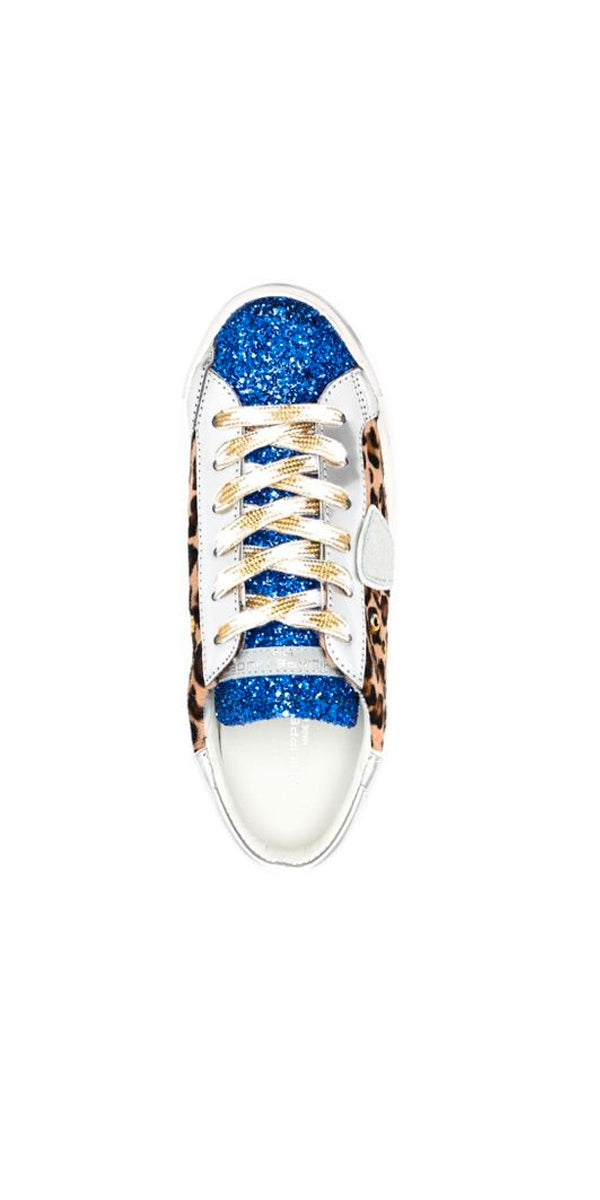 Philippe Model PRSX Low Sneakers in Leopard Blue Glitter